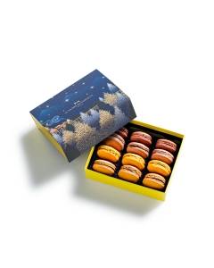 Coffret Macarons Vents de Noël 12 pièces semi-ouvert sur un fond blanc