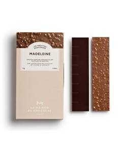 Madeleine milk chocolate bar with crushed hazelnuts and a layer of dark chocolate