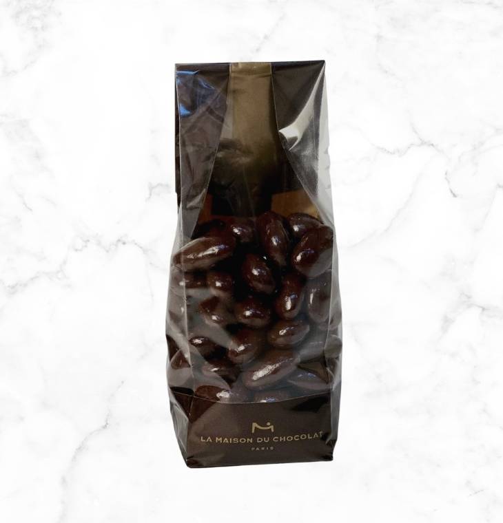 Dark Chocolate Almonds on a marble background