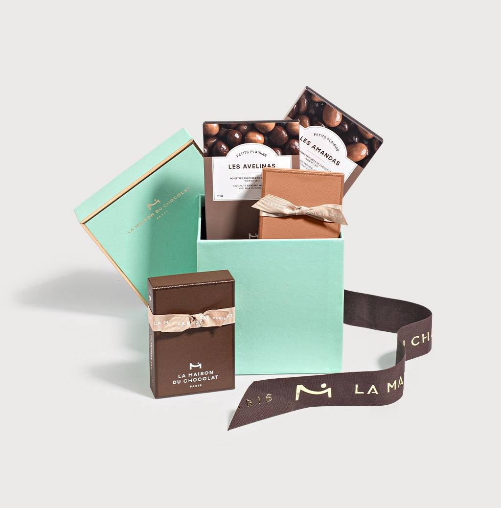 Abyssinie chocolates gift box open on a grey background