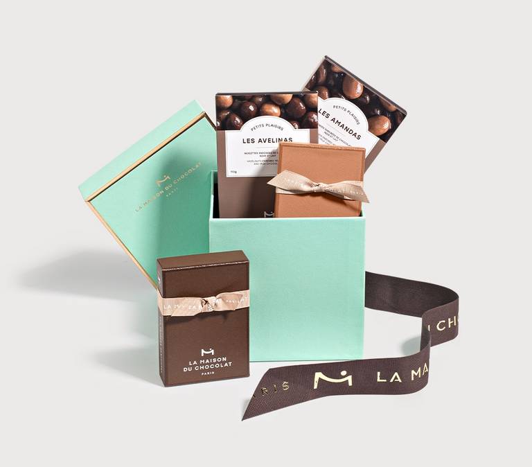 Abyssinie chocolates gift box open on a grey background