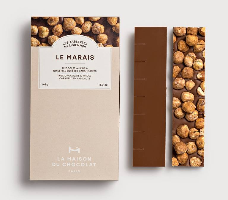 Le Marais Chocolate Bar on marble background