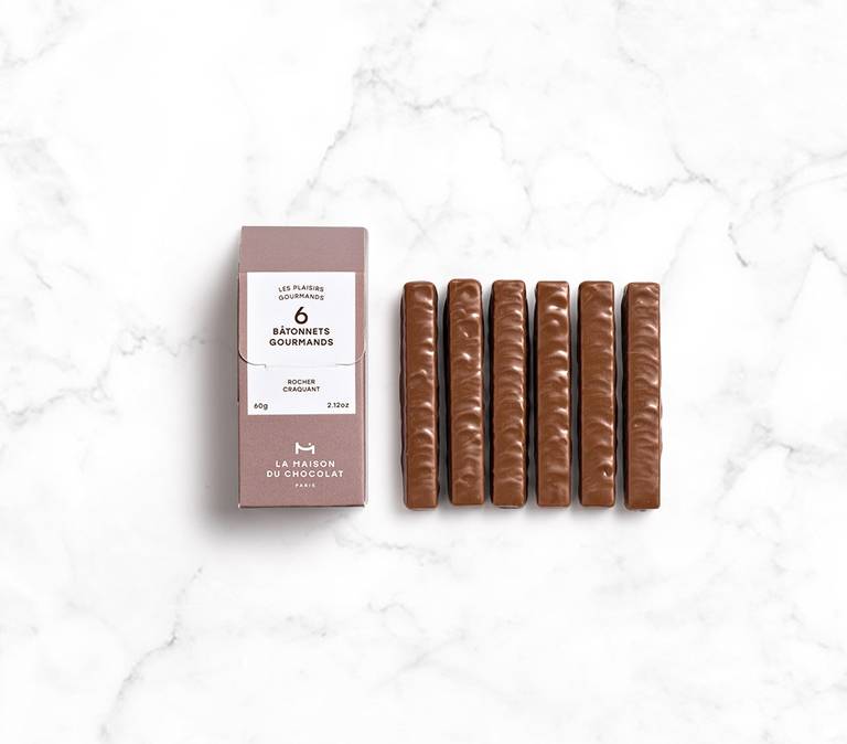 Sticks Gourmands Rocher Craquant 6 chocolates on marble base