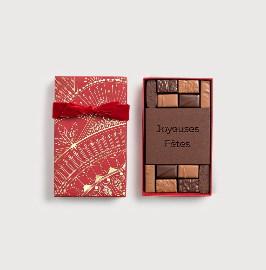 Coffret Joyeuses Fêtes 12 Chocolats sur fond gris