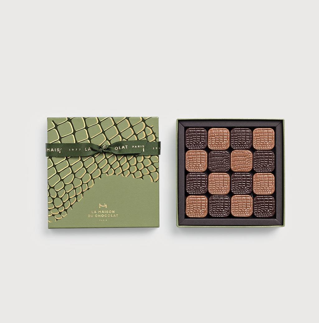 Crocodile Praliné Gift Box 16 Chocolates on a grey background