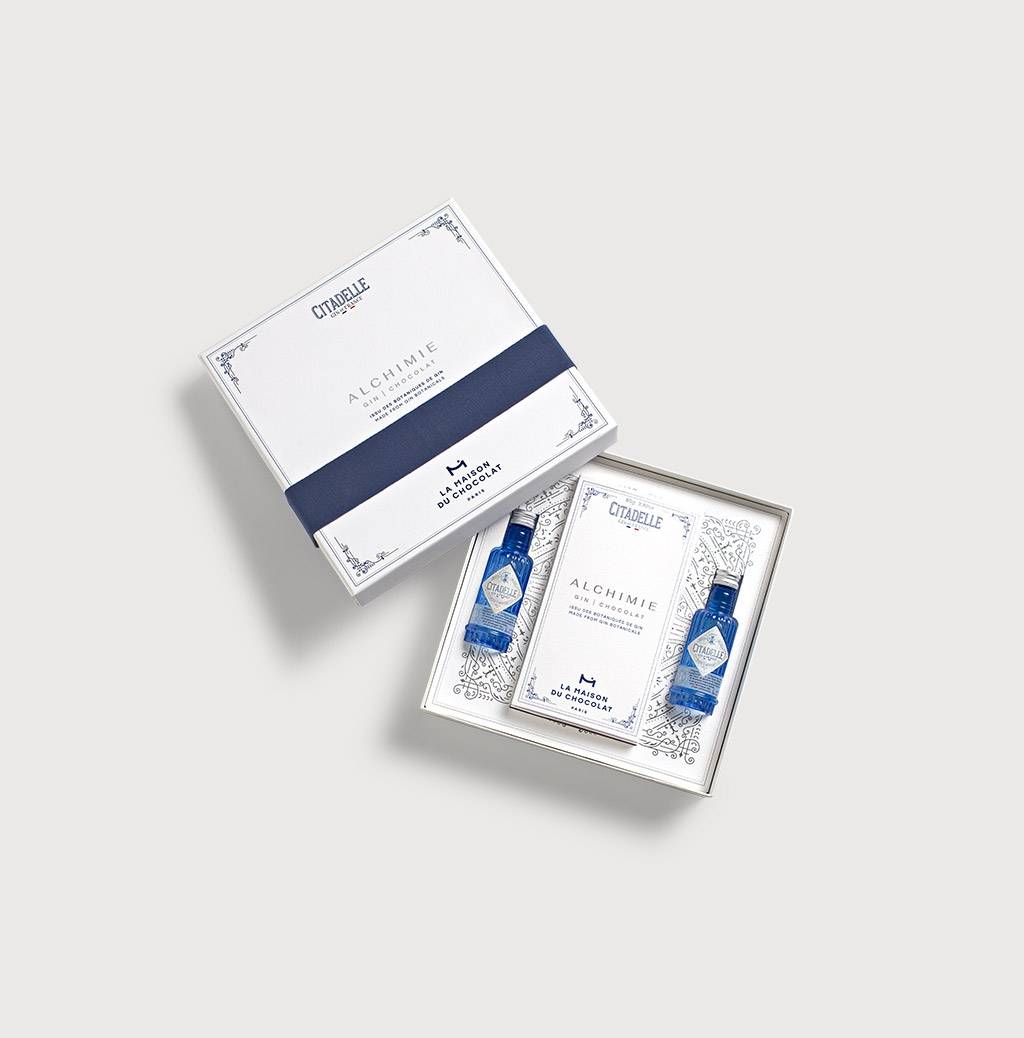  Alchimie Gin Chocolate Gift Box on marble background 