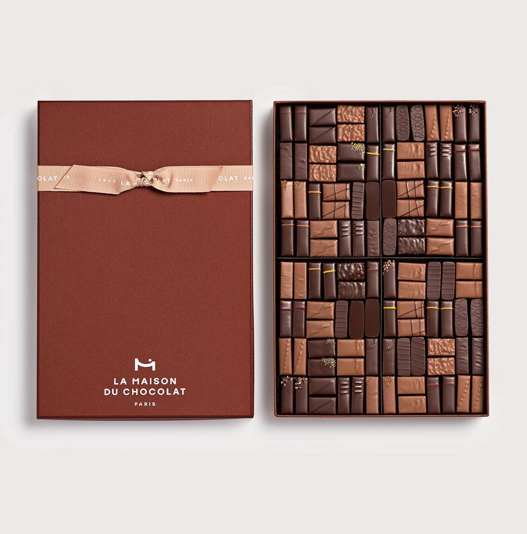 Maison Gift Box Dark and Milk 112 chocolates on grey background