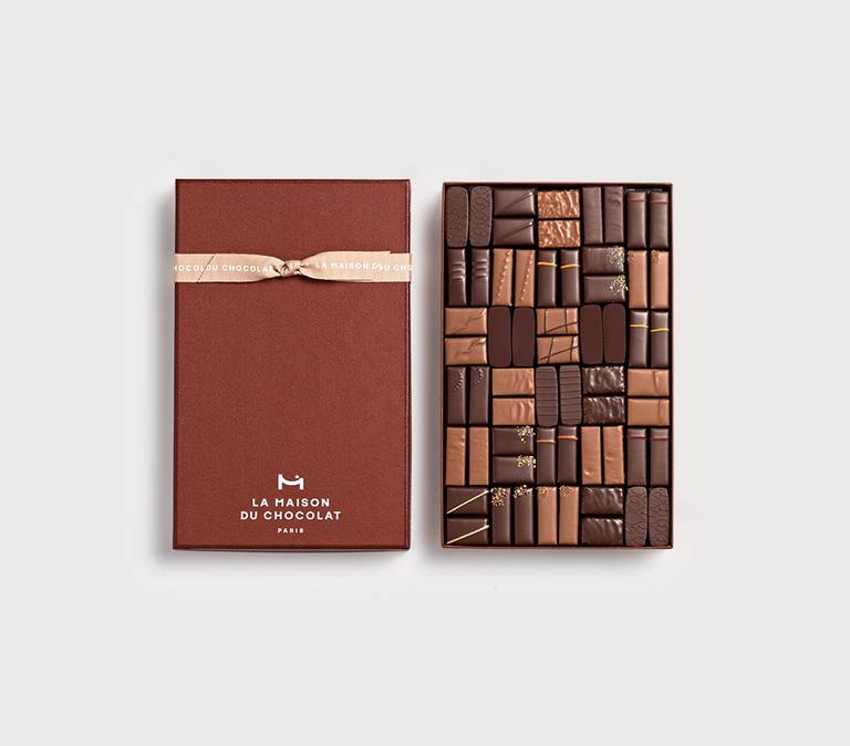 Maison Gift Box Dark and Milk 60 chocolates on a grey background