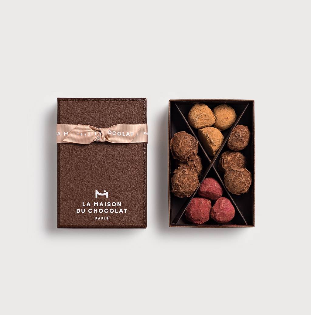 Plain Cassis Caramel Truffles Gift Box on Gray background 