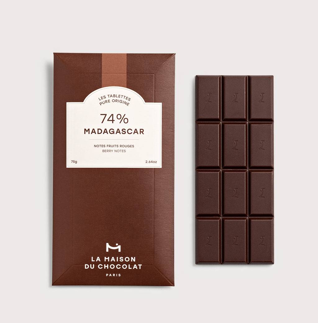 Madagascar 74% Chocolate Bar on a gray background