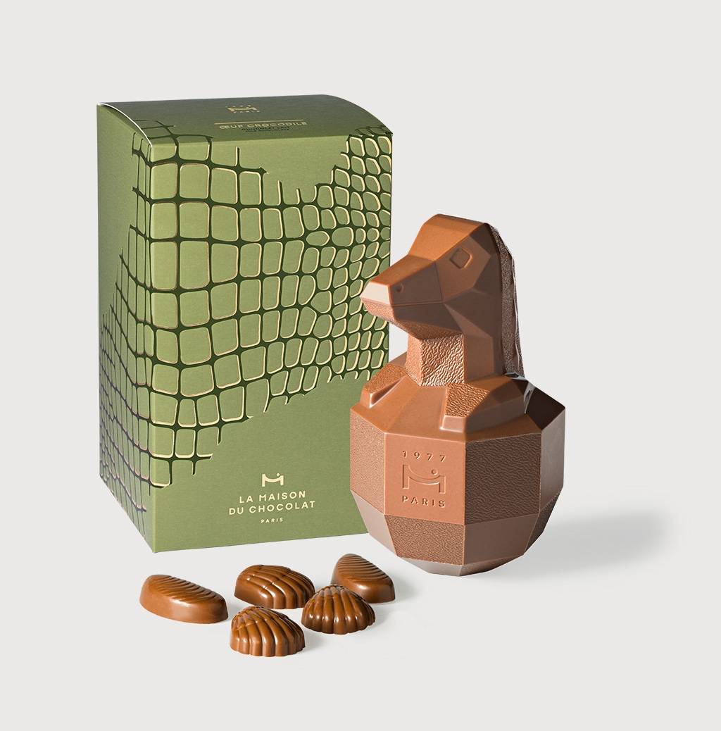 Milk Chocolate Easter Crocodile on a grey background