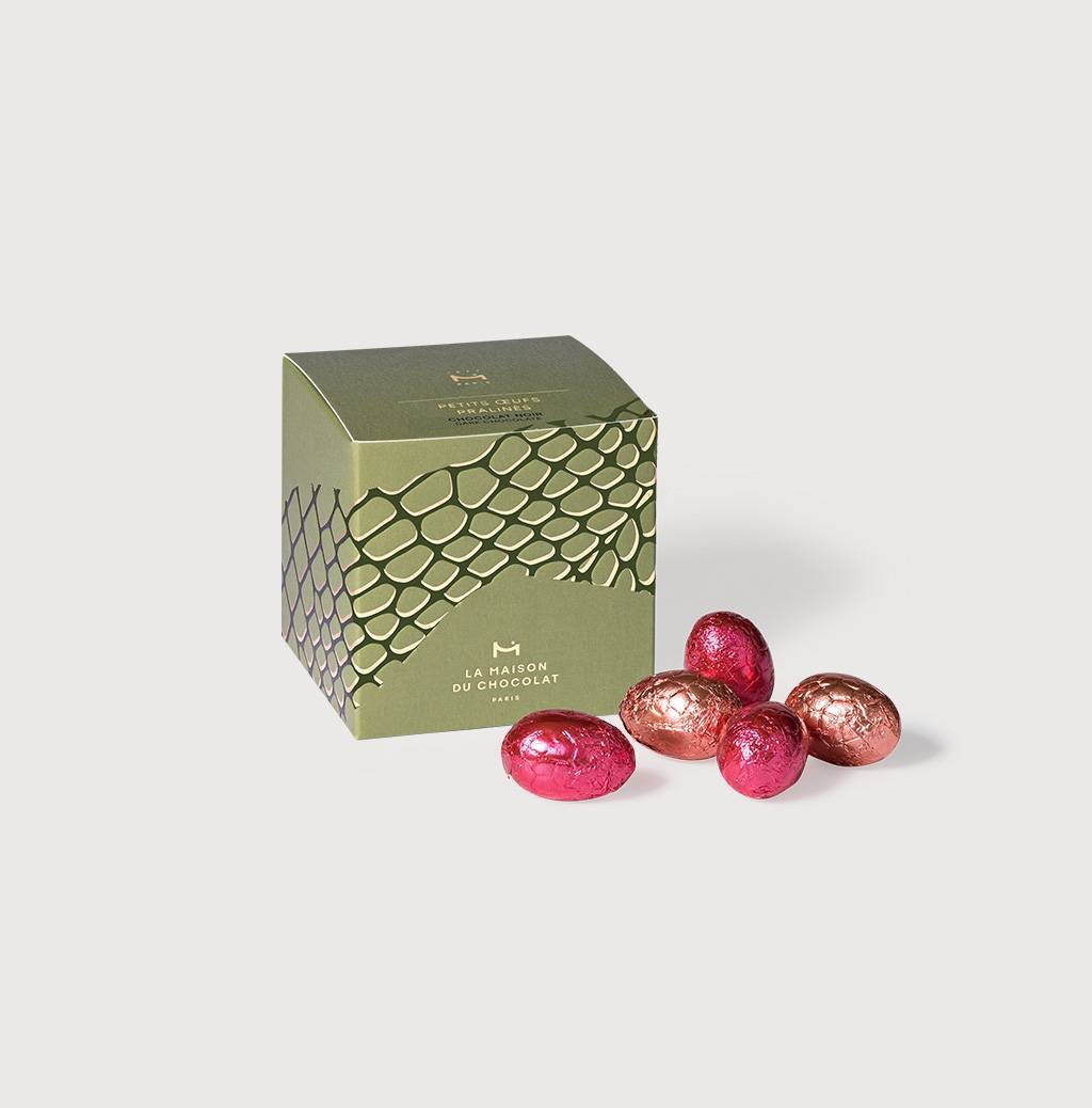 Dark Chocolate Praliné Easter Eggs Case on a grey background