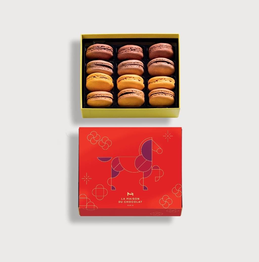 Year of the Horse Macaron Gift Box on a gray background