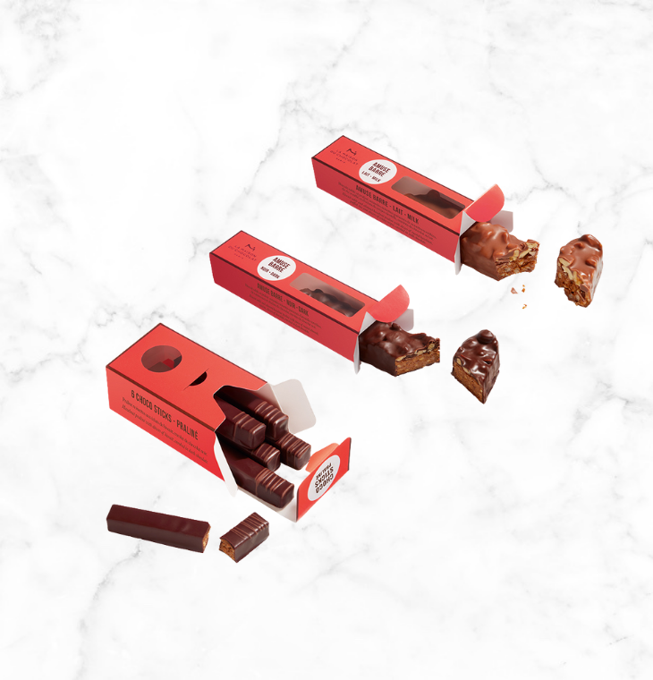 Chocolate, Praline and biscuit with cruchy, crackling or silky textures and vie with each other to be the best delicious; combined into one selection to take along wherever you go! 