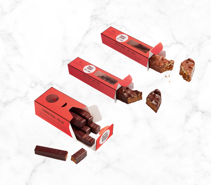 Chocolate, Praline and biscuit with cruchy, crackling or silky textures and vie with each other to be the best delicious; combined into one selection to take along wherever you go!