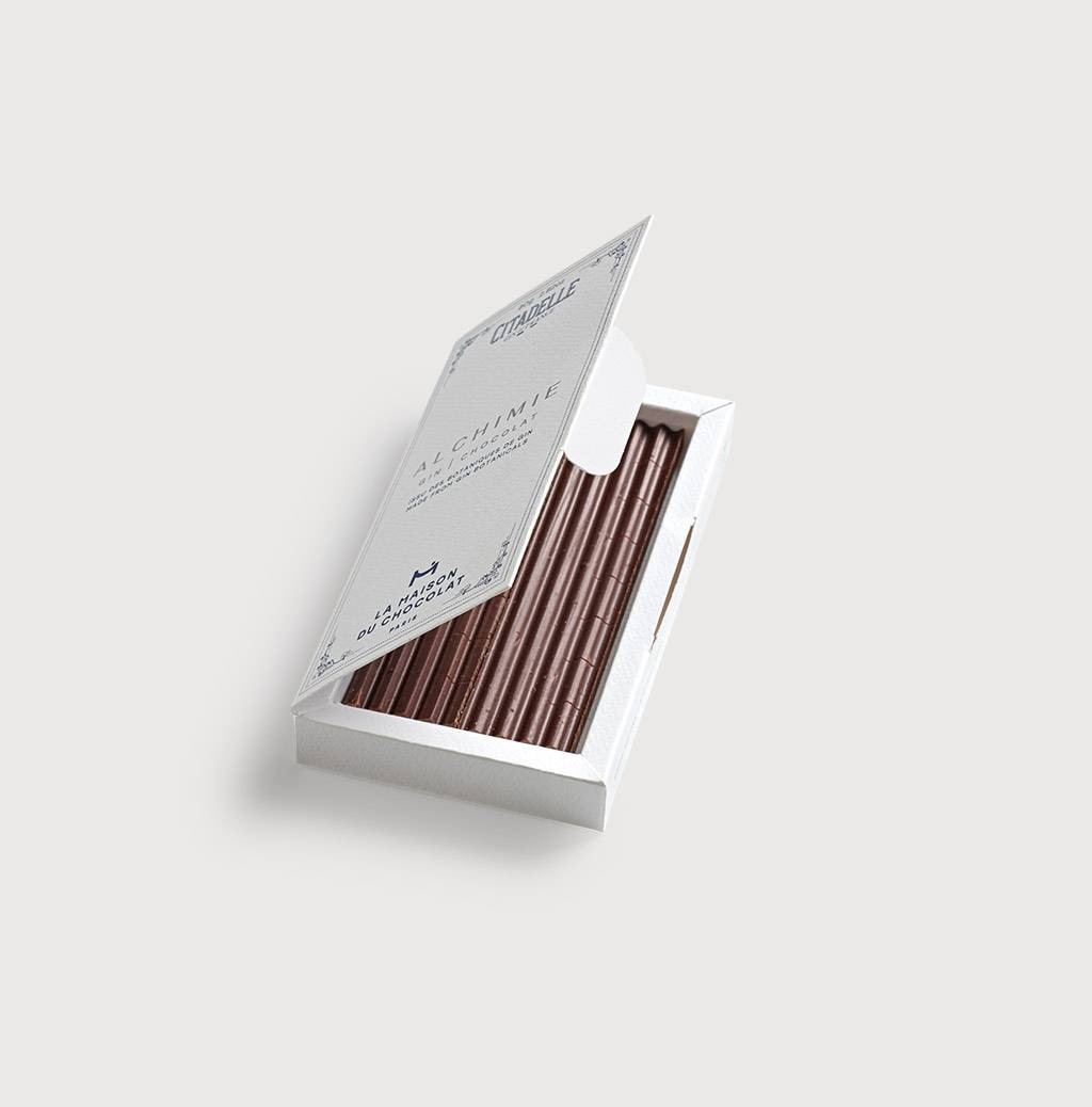 Alchimie Gin Chocolate Bar on gray background

