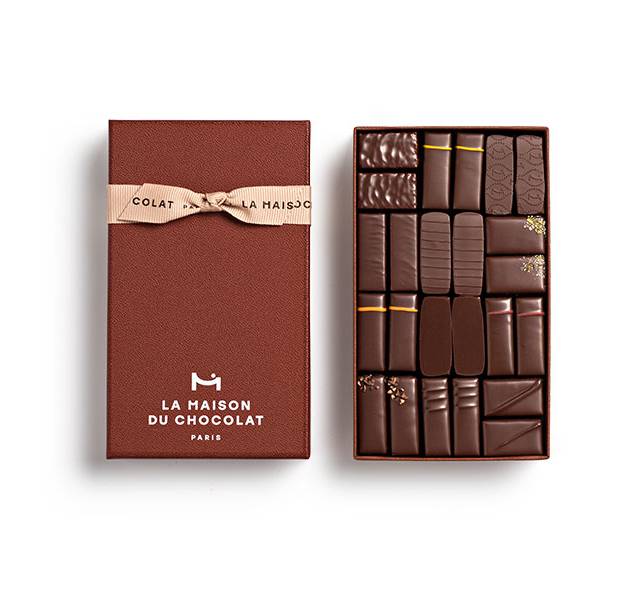 gourmet dark chocolate gift box, brown gift box with taupe ribbon
