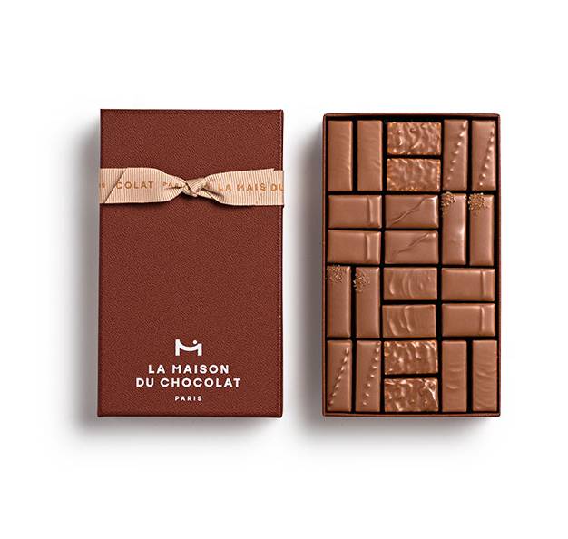 gourmet milk chocolate gift box, brown gift box with taupe ribbon