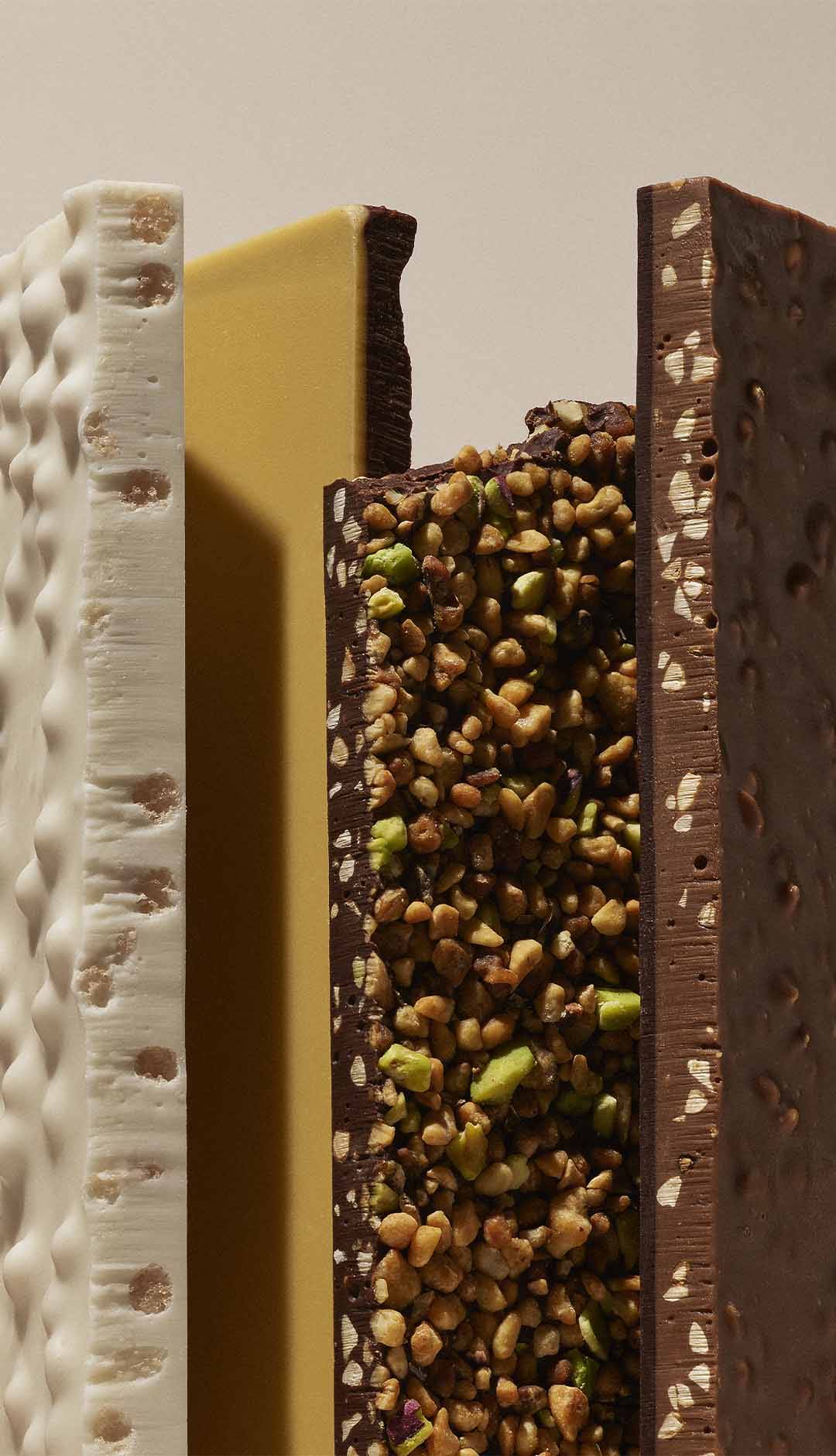 close of photo of assorted textured chocolate bars