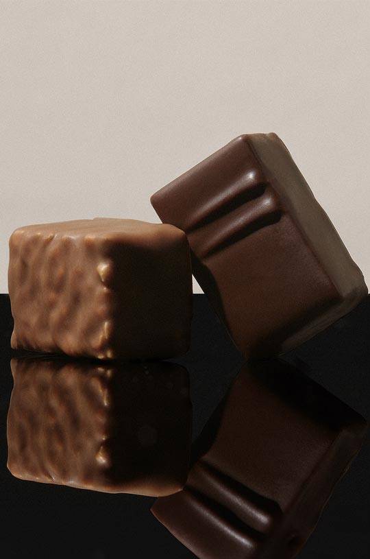 Two pralinés chocolate, one dark and one milk