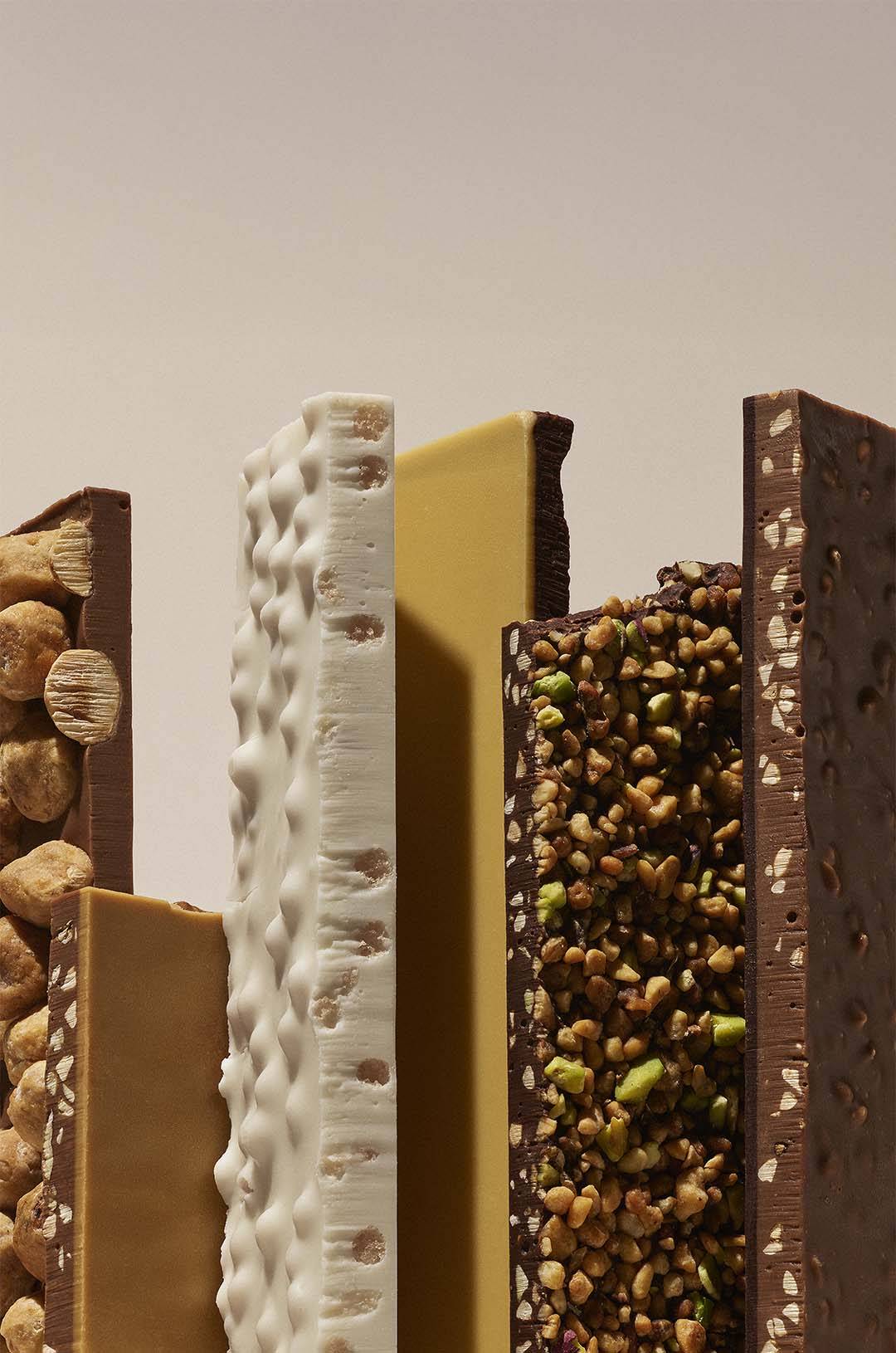 close of photo of assorted textured chocolate bars