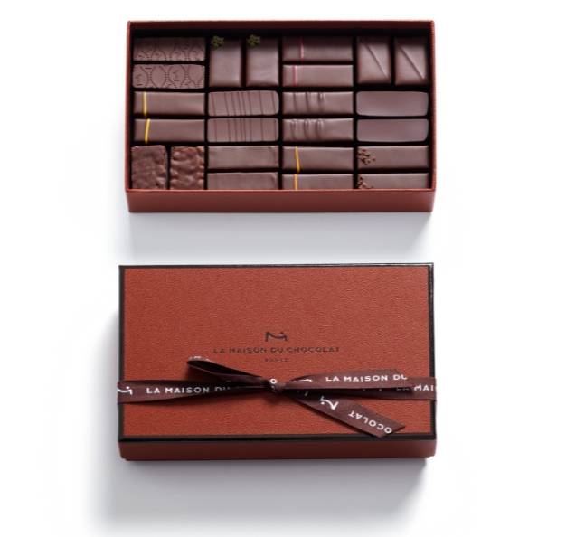 gourmet dark chocolate gift box, brown gift box with dark brown ribbon