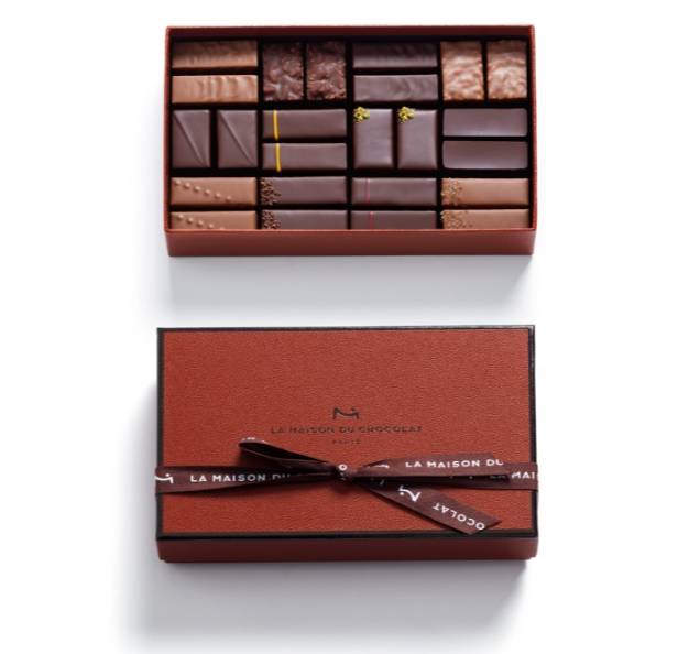 gourmet milk and dark chocolate gift box, brown gift box with dark brown ribbon 