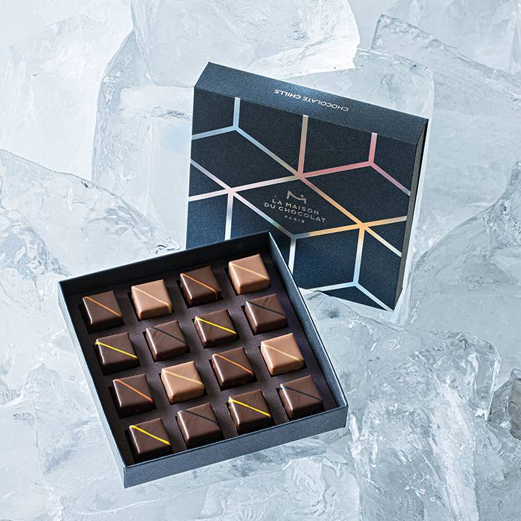 Coffret de chocolats Initiation Givrée Automne-Hiver ouvert sur des glaçons