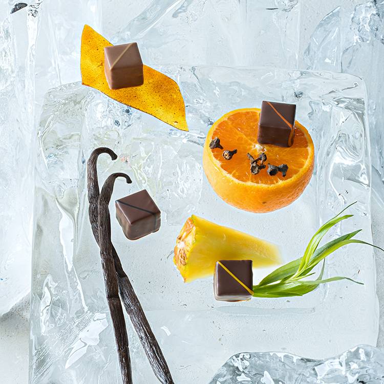 4 chocolate chills recipes on ice cubes: Vanilla, caramel, pineapple-tarragon, mandarin-cinnamon button