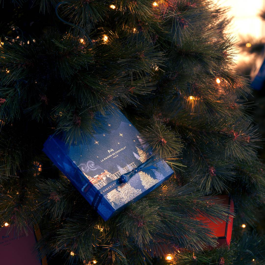 coffret cadeau chocolat sur un sapin de noël la maison du chocolat